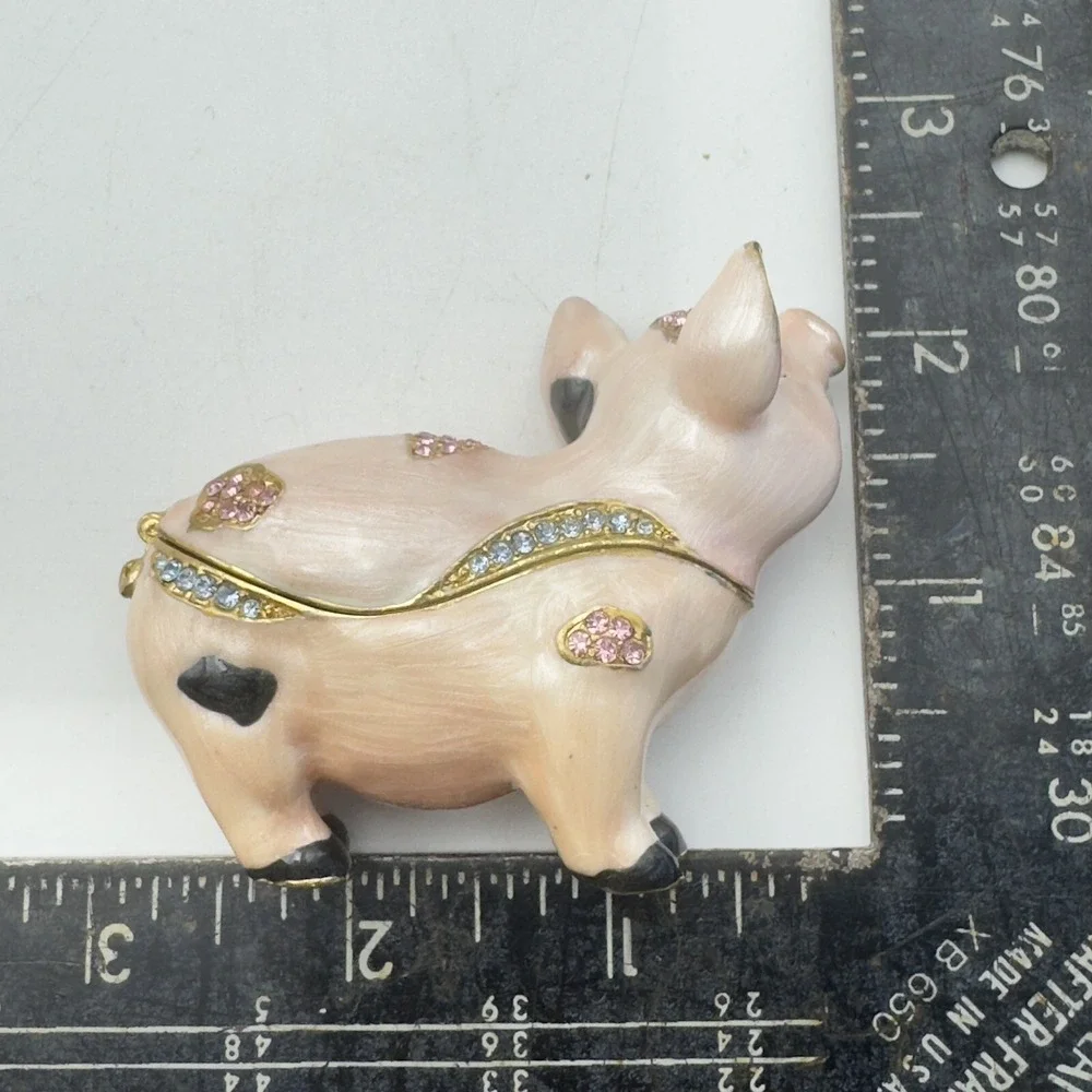 Bejeweled Enameled Pewter Spotted Pig Trinket Box With Crystals Pink Black